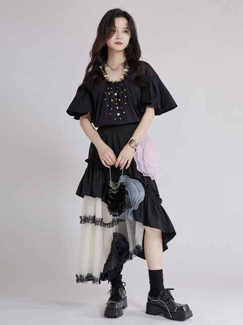 Beaded Collar Flare Blouse