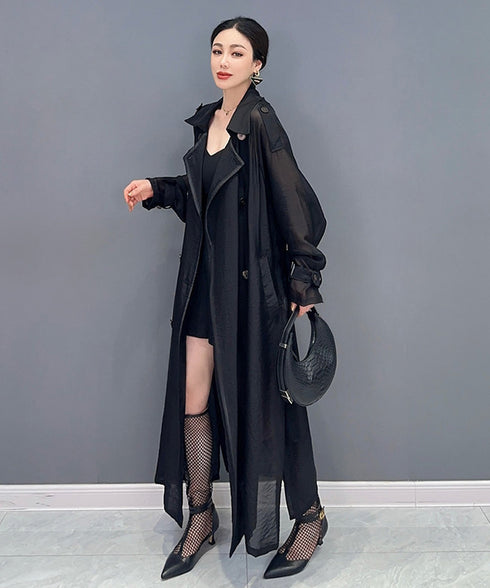 Sheer Belted Long Cardigan