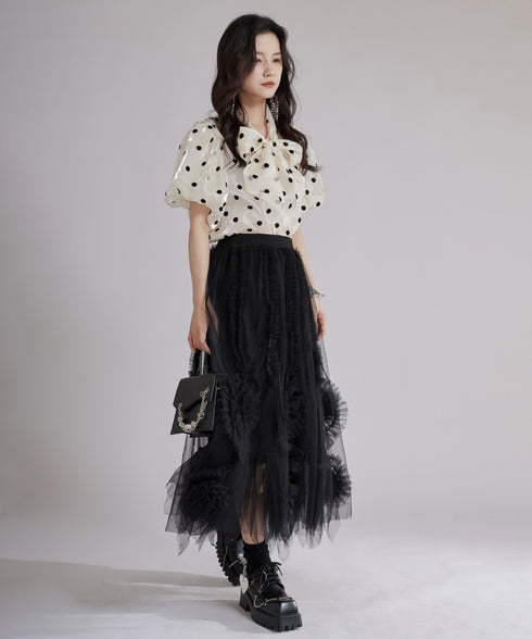 Glossy Dot Bow Blouse