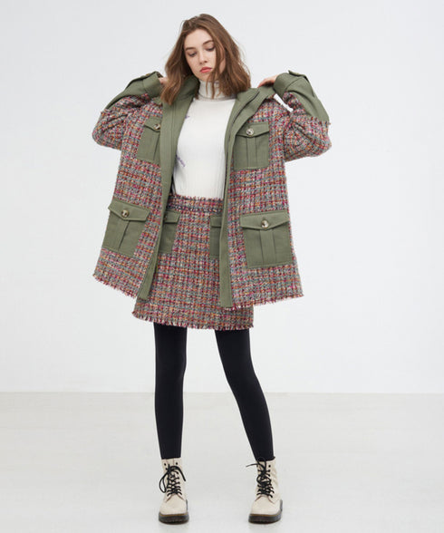 Hooded Tweed Panel Coat