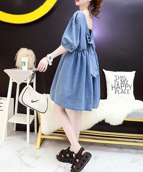 Ribbon Back Volume Denim Dress