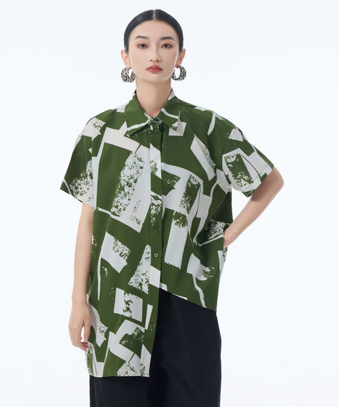 Geometric Print Angle-Hem Blouse