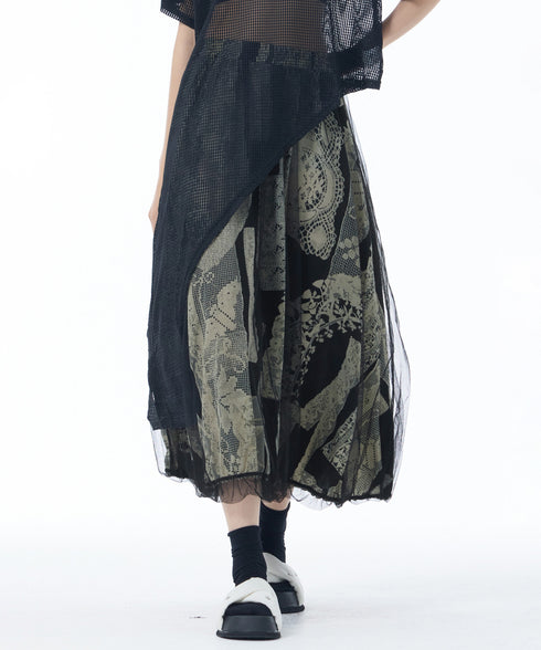 Lace Pattern Mesh Layered Skirt