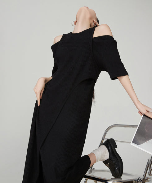 Shoulder-Slit Rib Dress