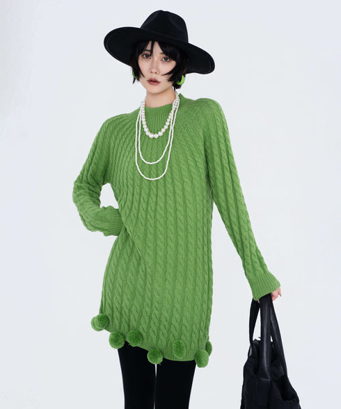 Cable Pom Hem Knit Sweater