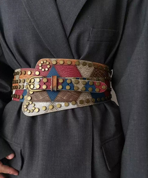 Studded Patchwork Wide Belt
