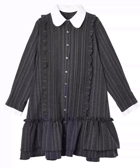 Pinstripe Ruffle Collar Shirt Dress