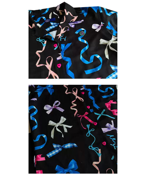 Ribbon Print Open Collar Blouse