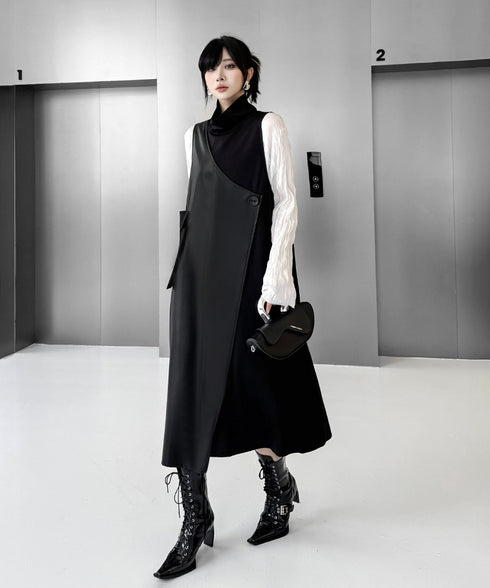 Mock Neck Overlay Pocket Dress