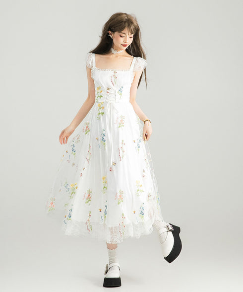 Floral Lace-Up Midi Dress