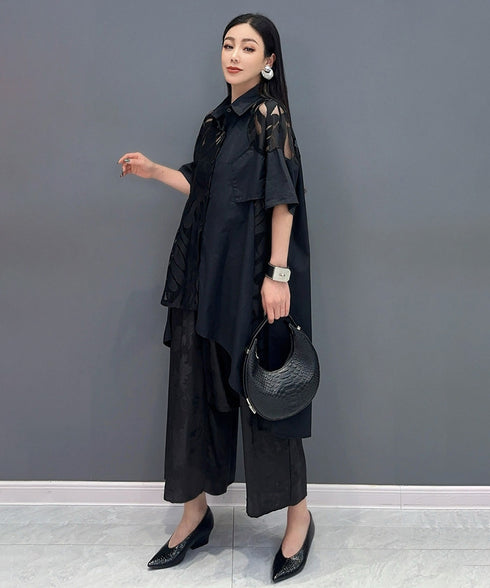 Sheer Panel Asym Cut Blouse