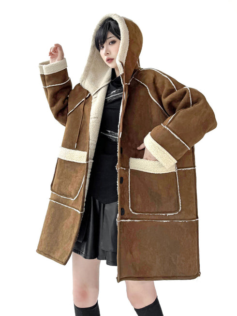 Hooded Faux Shearling Patch Coat