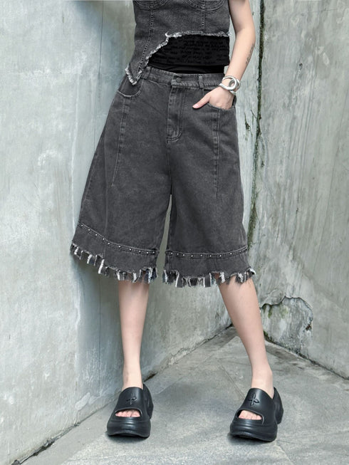 Raw Fringe Wide Denim Shorts