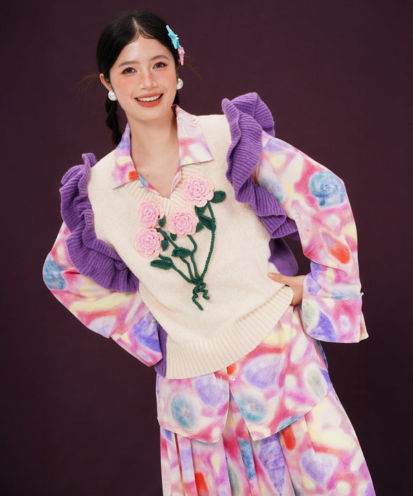 Floral Knit Ruffle Shoulder Vest