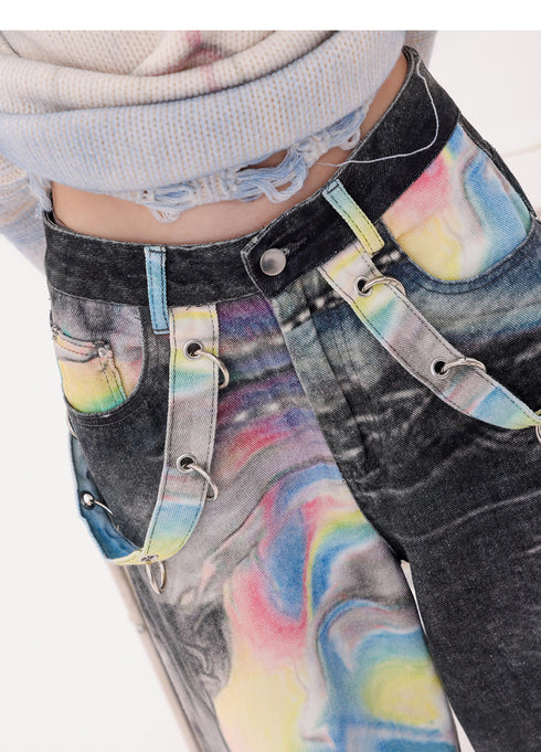 Iridescent Print Denim Wide Pants