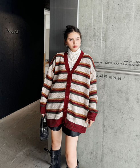 Multi Stripe Loose Knit Cardigan