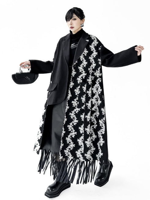 Patch Jacquard Fringe Coat