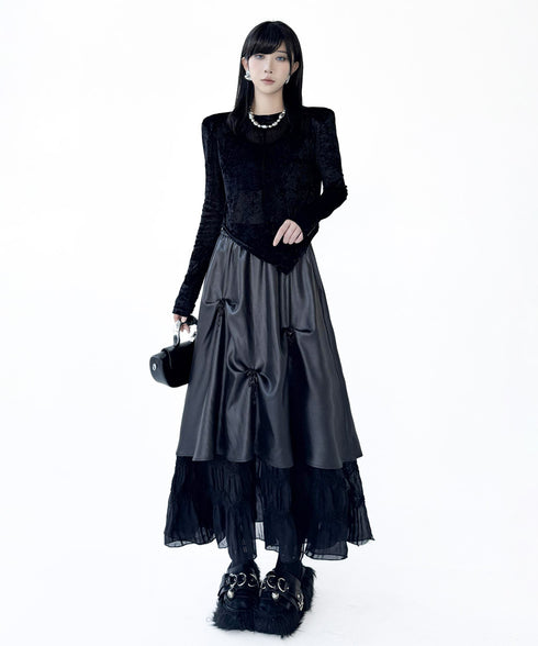 Glossy Gather Lace Hem Maxi Skirt