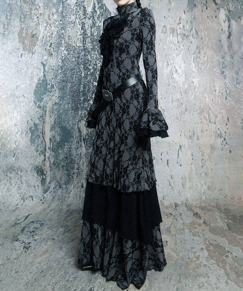 Lace Veil Ruffle Maxi Dress