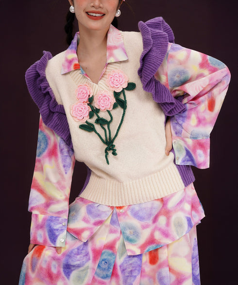 Floral Knit Ruffle Shoulder Vest