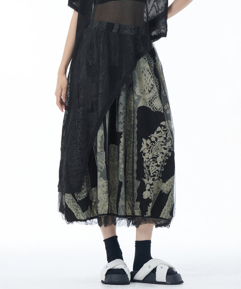 Lace Pattern Mesh Layered Skirt