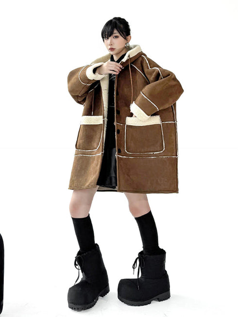Hooded Faux Shearling Patch Coat