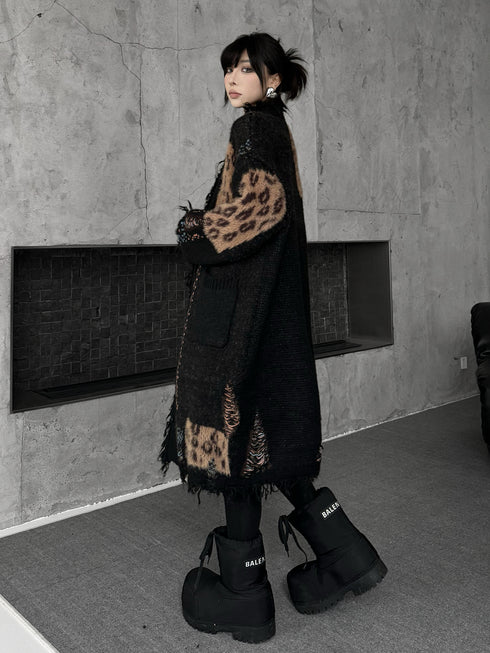 Frayed Leopard Patch Knit Cardigan
