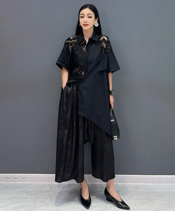 Sheer Panel Asym Cut Blouse