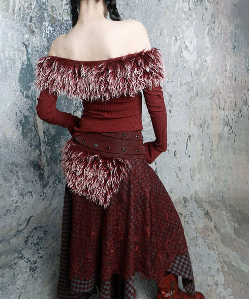 Feather Trim Offshoulder Knit Top