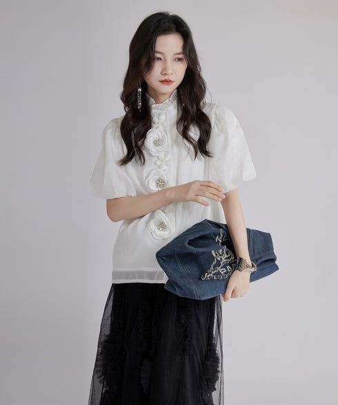 Floral Appliqué Puff Blouse