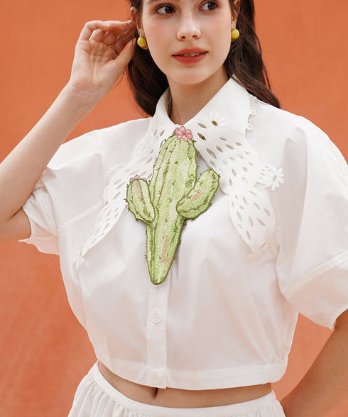 Cactus Cutwork Puff Sleeve Blouse