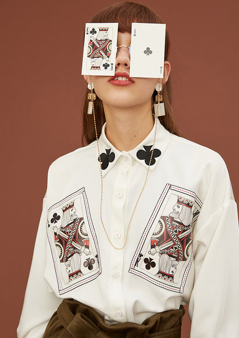 Card Print Collar Blouse