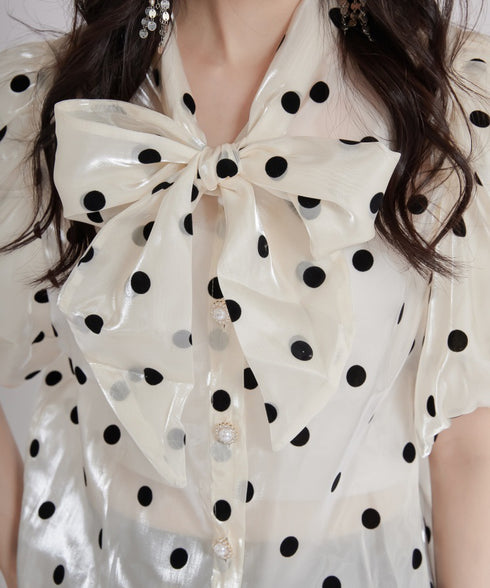 Glossy Dot Bow Blouse