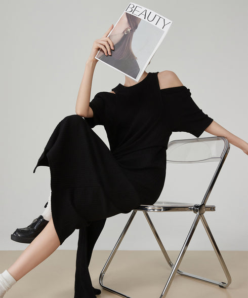Shoulder-Slit Rib Dress