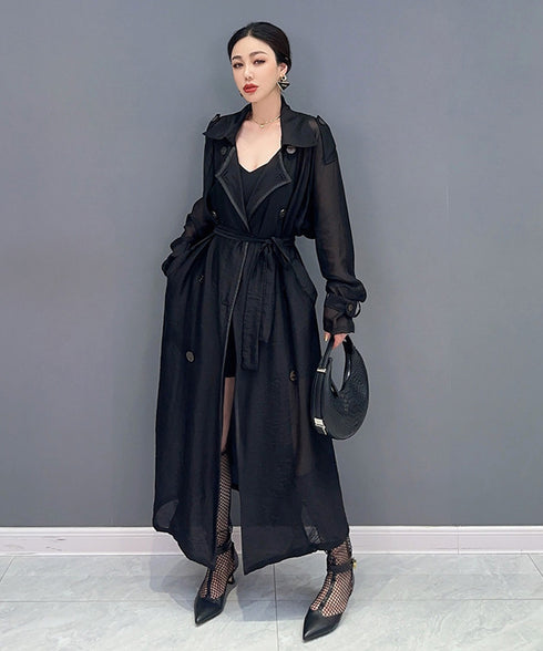 Sheer Belted Long Cardigan
