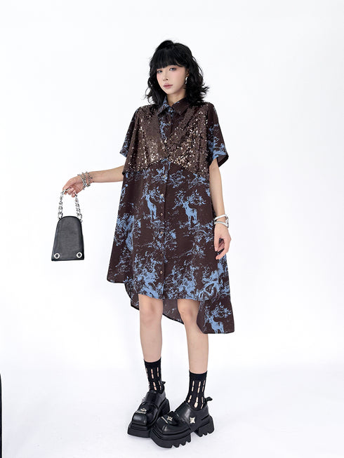 Sequin Deer Print Shirt Dress