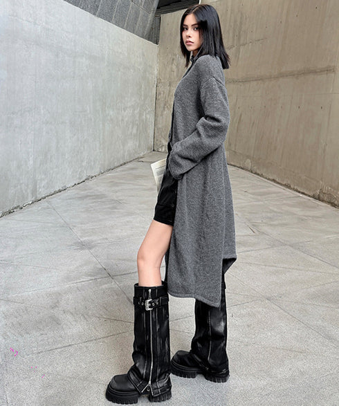 Asym Button Long Knit Top