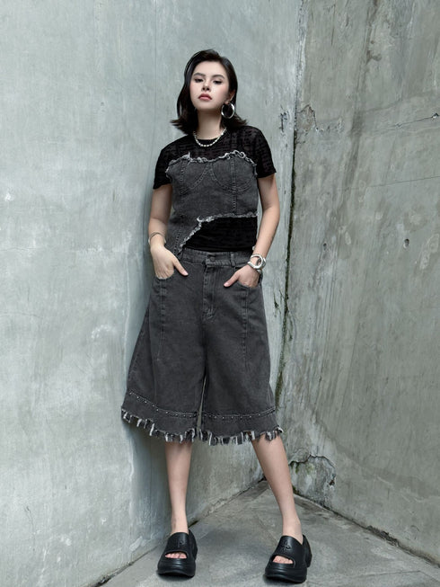 Raw Fringe Wide Denim Shorts