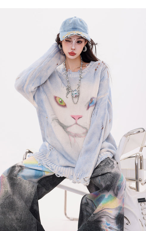 Iridescent Print Denim Wide Pants