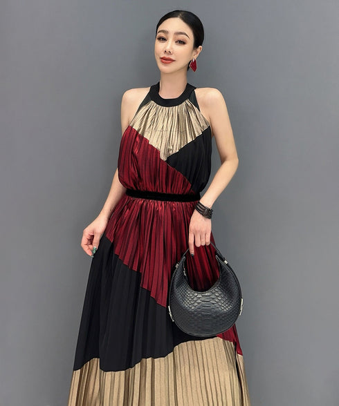 Tri-Color Pleated Halter Dress