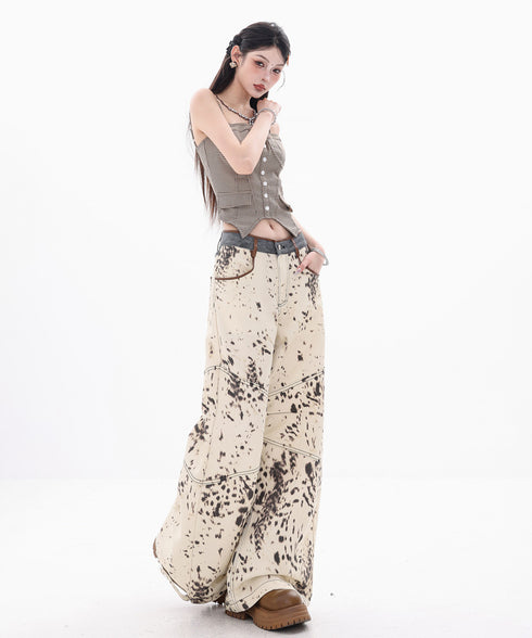 Speckled Panel Wide Denim Pants