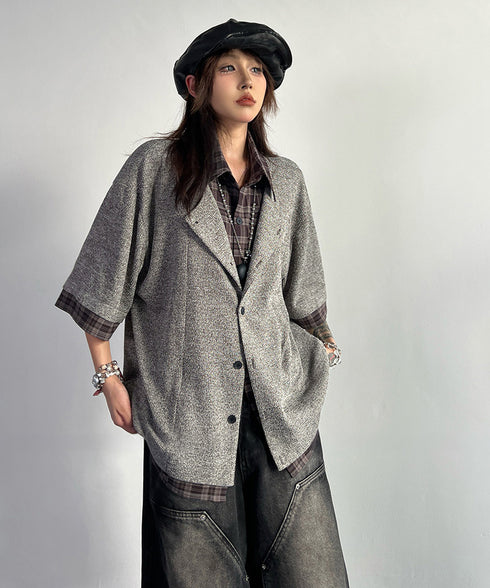 Grid Lapel Blouse