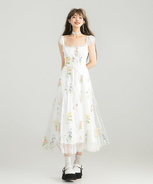 Floral Lace-Up Midi Dress