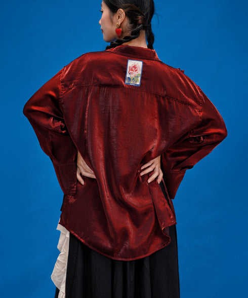 Metallic Ruffle Tie Blouse