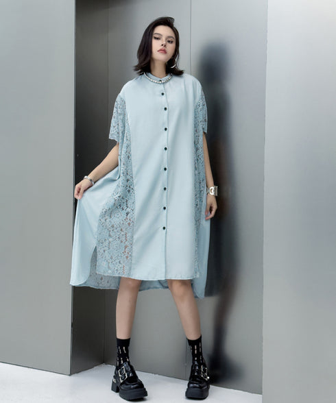 Lace Panel Relaxed Shirt Dress