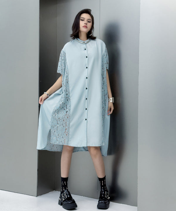 Lace Panel Relaxed Shirt Dress