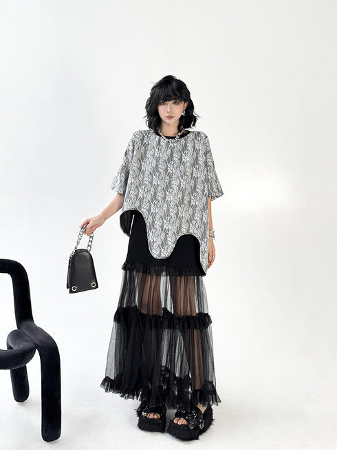 Wave Hem Lace Mesh Top