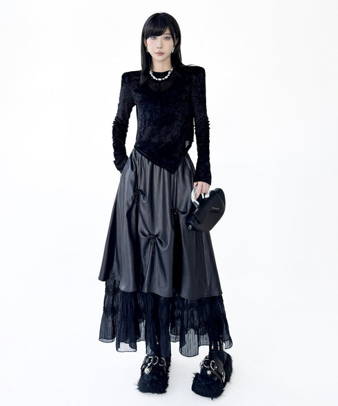 Glossy Gather Lace Hem Maxi Skirt