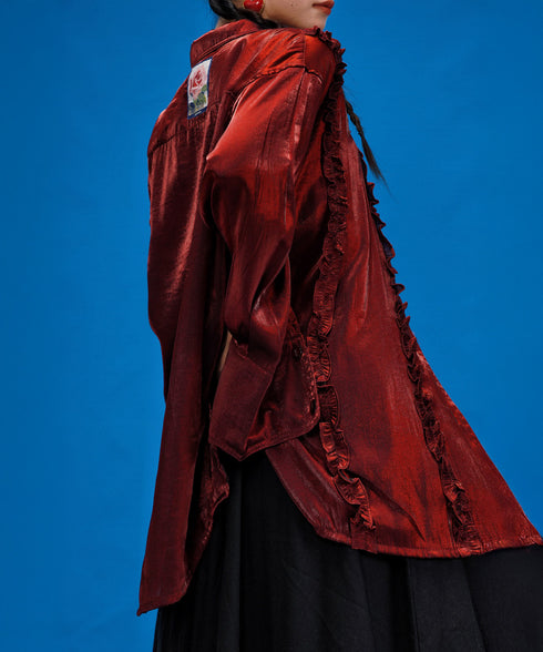 Metallic Ruffle Tie Blouse