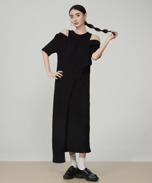 Shoulder-Slit Rib Dress